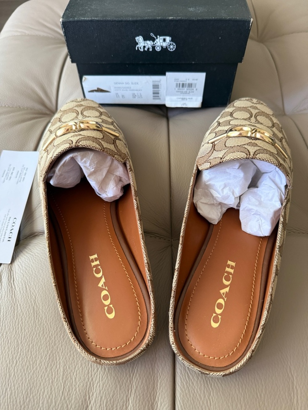 NWT Coach women Tan Signature Canvas Slip-On Loafers with Gold Hardware size 11B - Picture 4 of 7